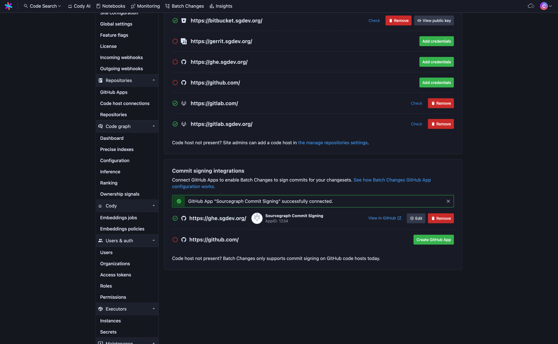 The Batch Changes settings page on Sourcegraph, scrolled to show the newly added commit signing integration