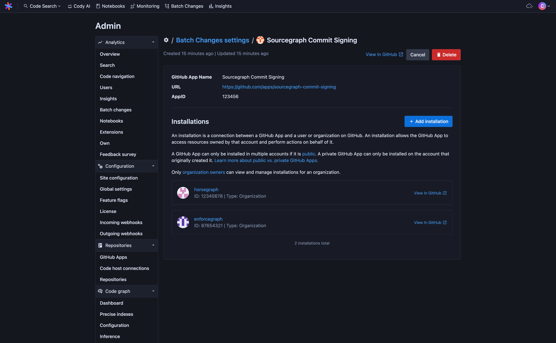 The GitHub App details page on Sourcegraph, scrolled to show a second new installation