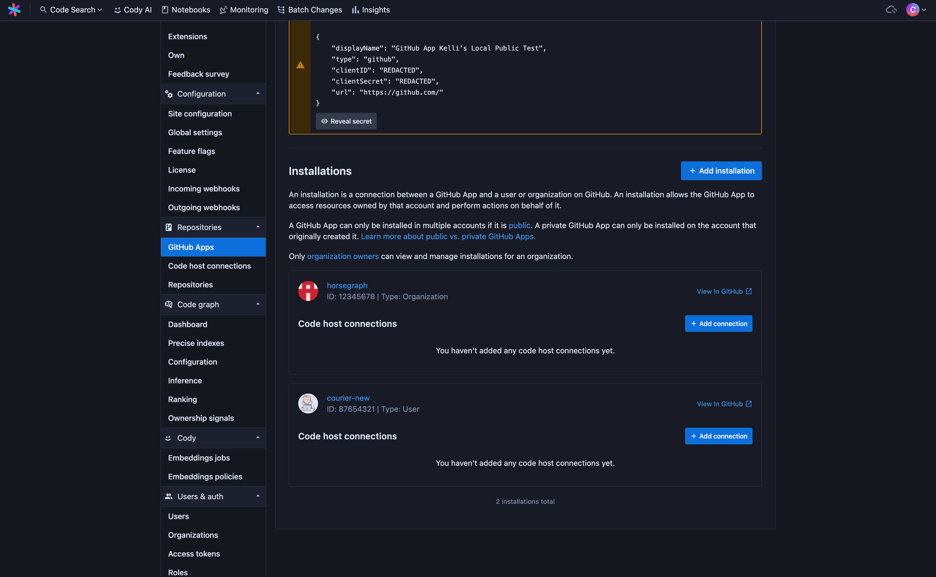 The GitHub App details page on Sourcegraph, scrolled to show a second new installation