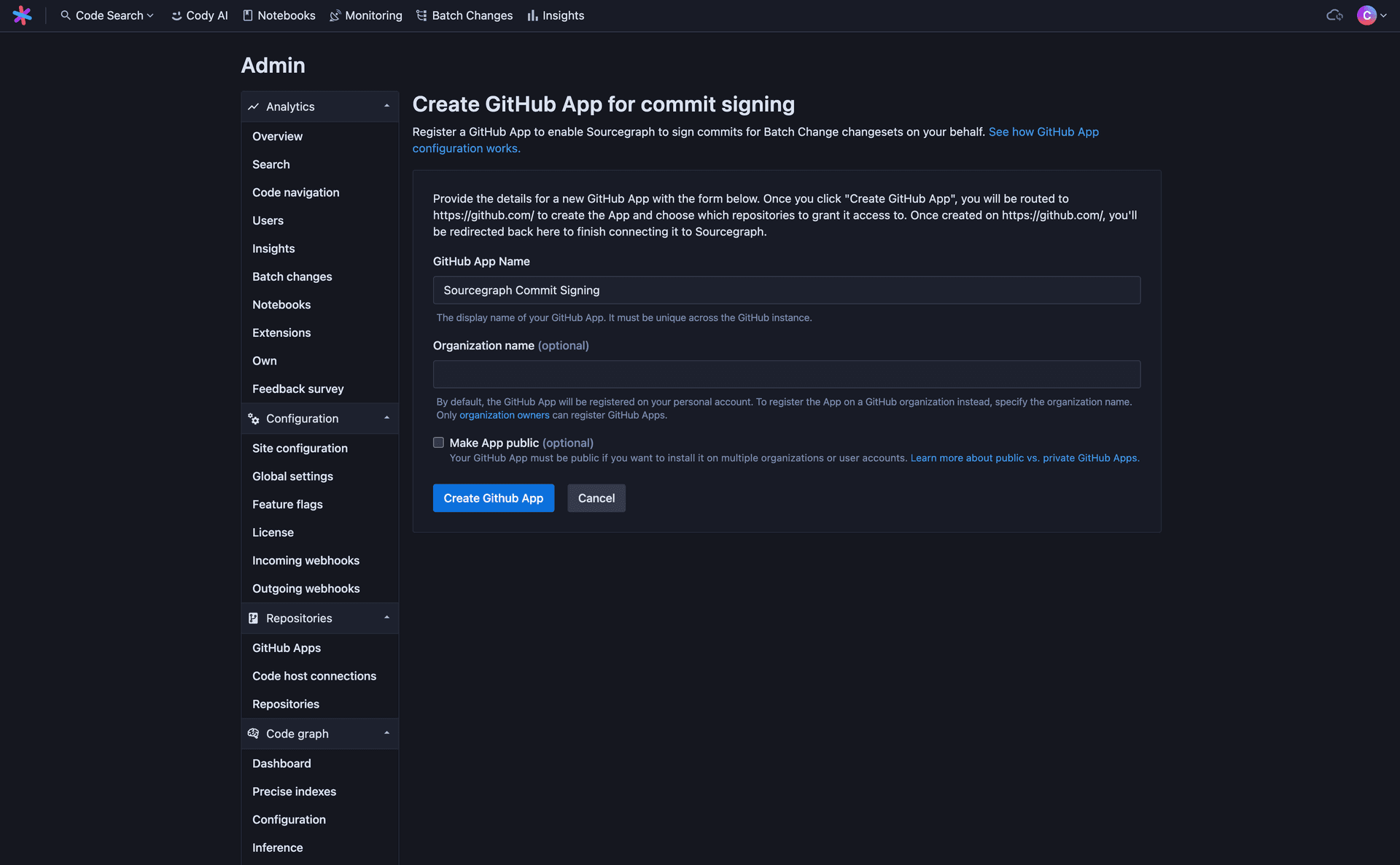 The GitHub App creation page on Sourcegraph, with the default values filled out