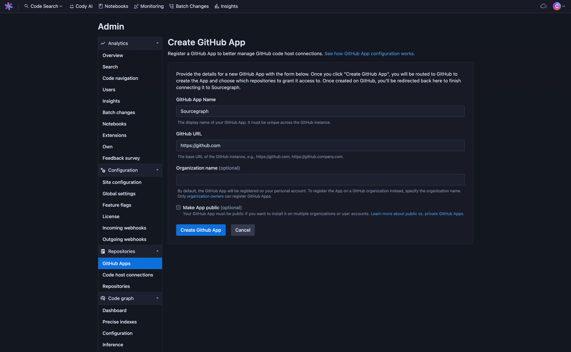 The GitHub App creation page on Sourcegraph, with the default values filled out