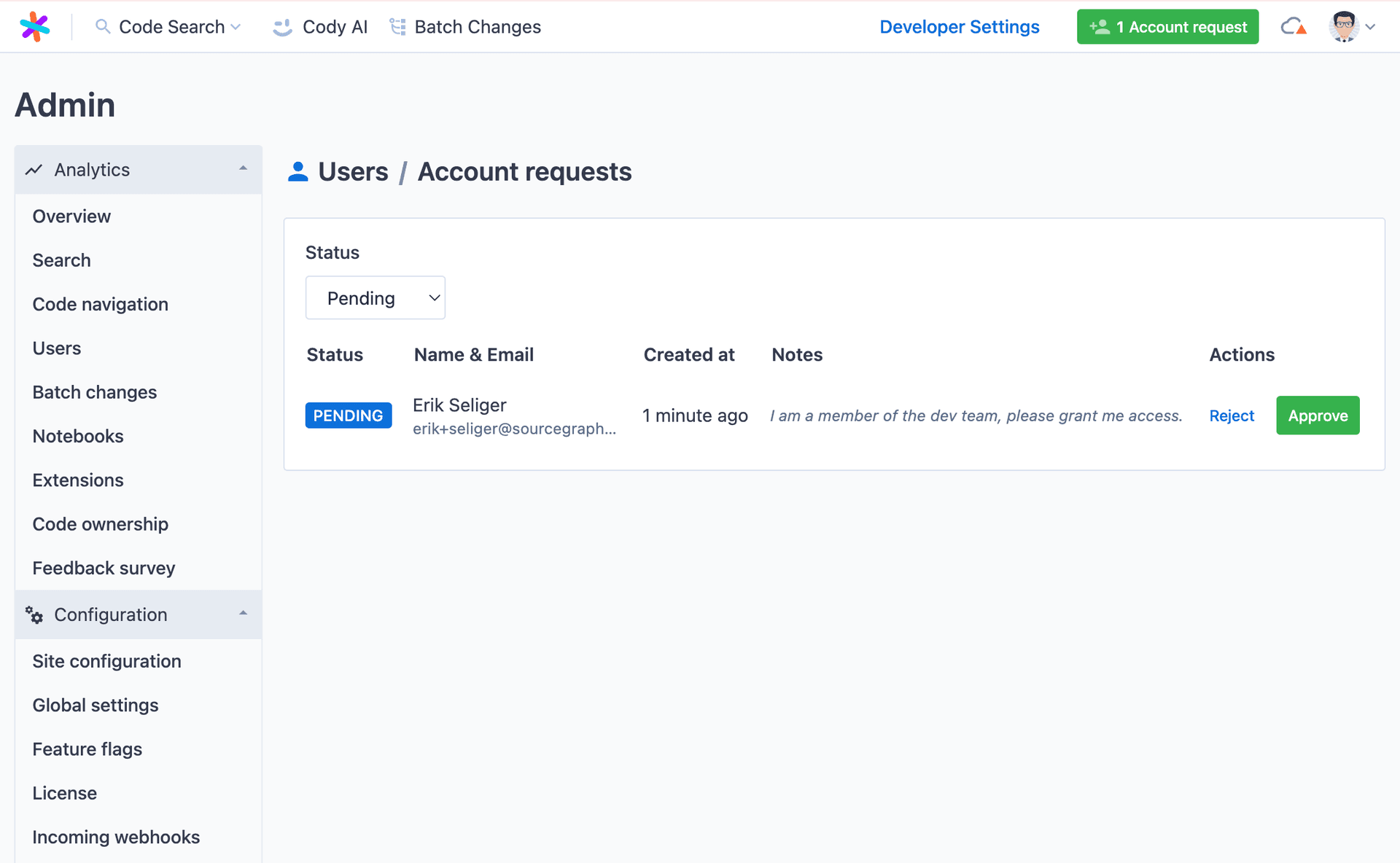 List of pending access requests for admin to approve