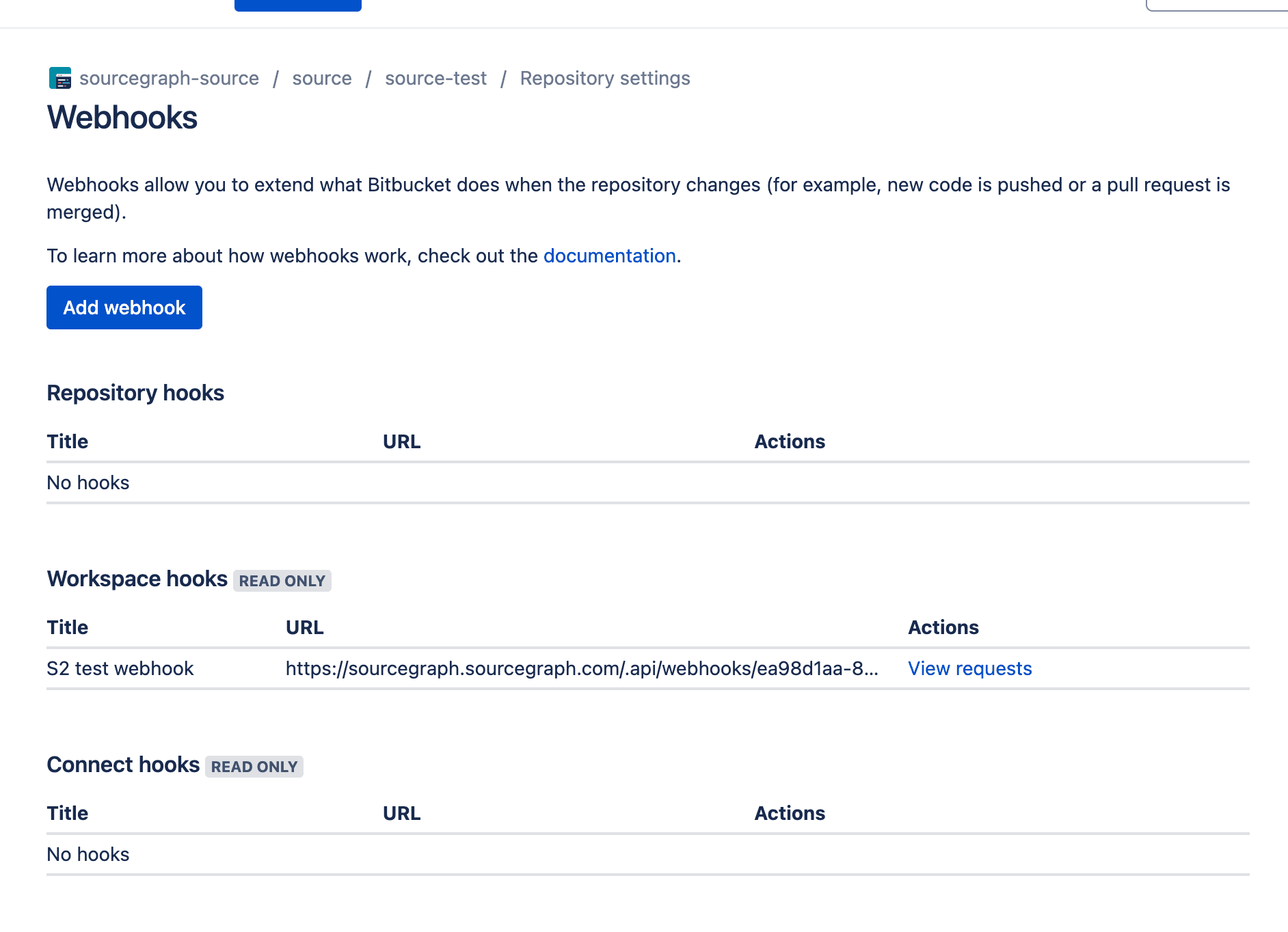 Bitbucket Cloud webhook settings page with a workspace webhook configured