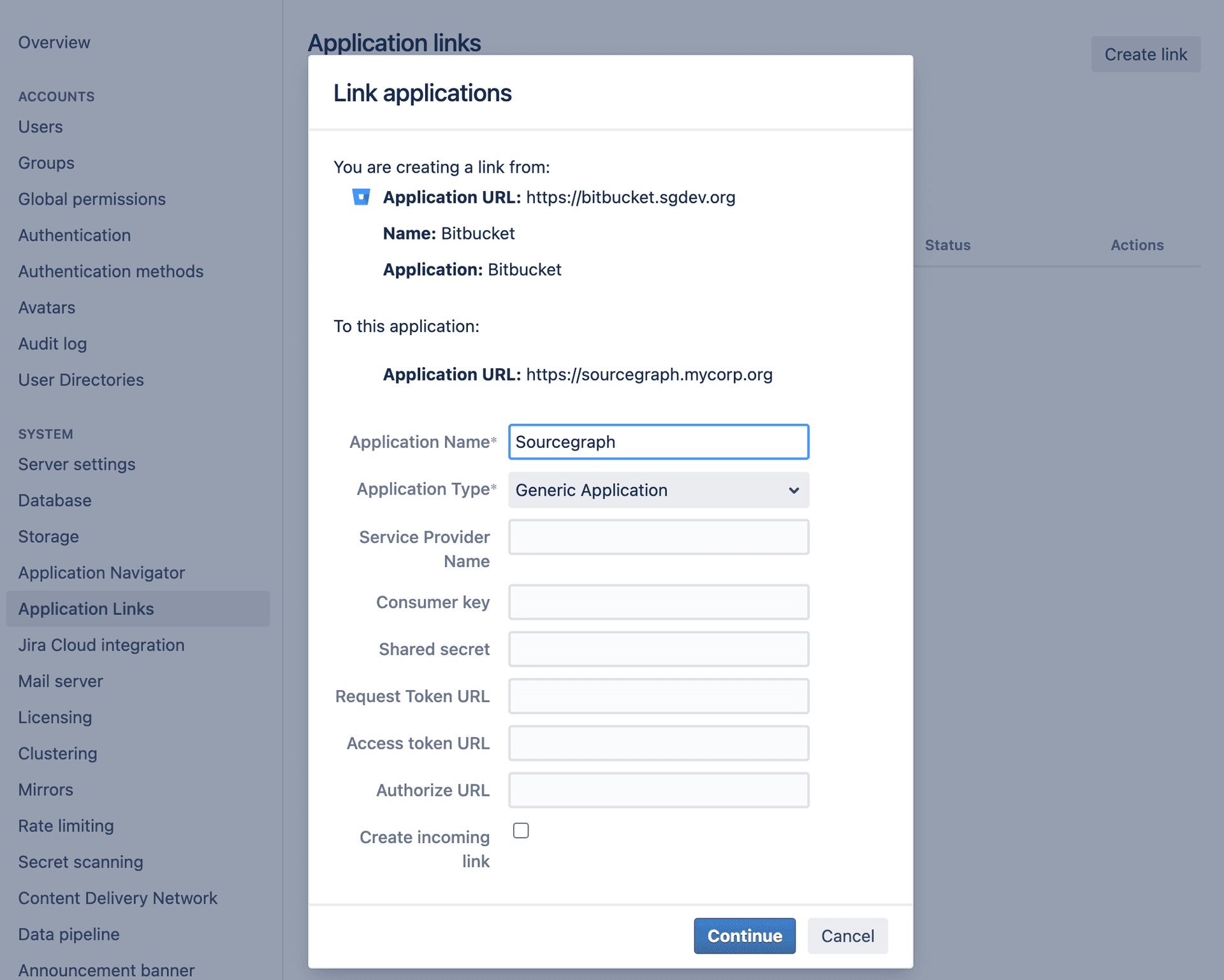 Screenshot of second part of Bitbucket Create Link form.