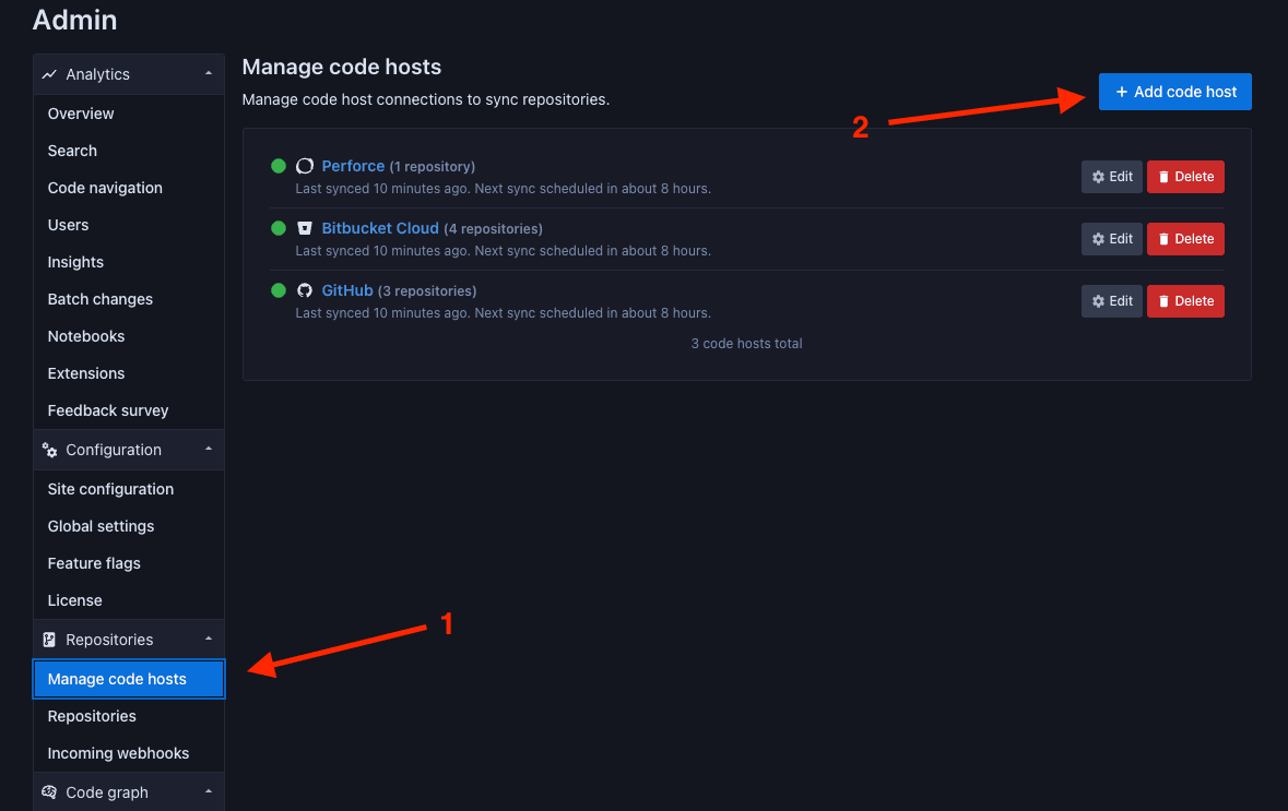 The Manage code hosts section in the Site Admin settings area.