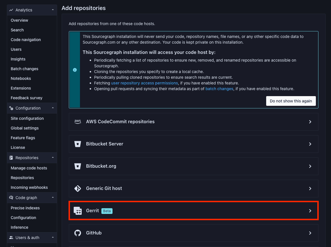 Gerrit as a code host option in the list