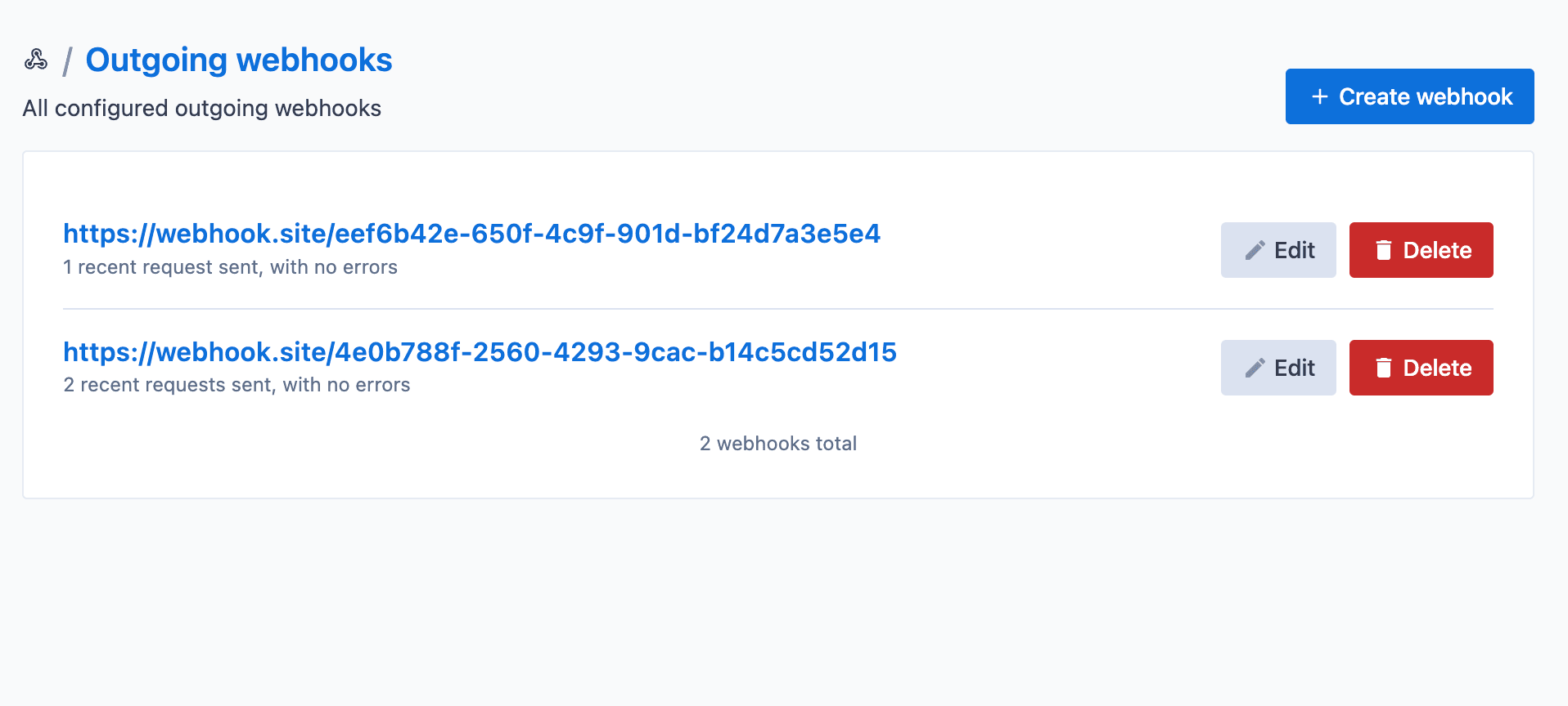 Outgoing webhooks page