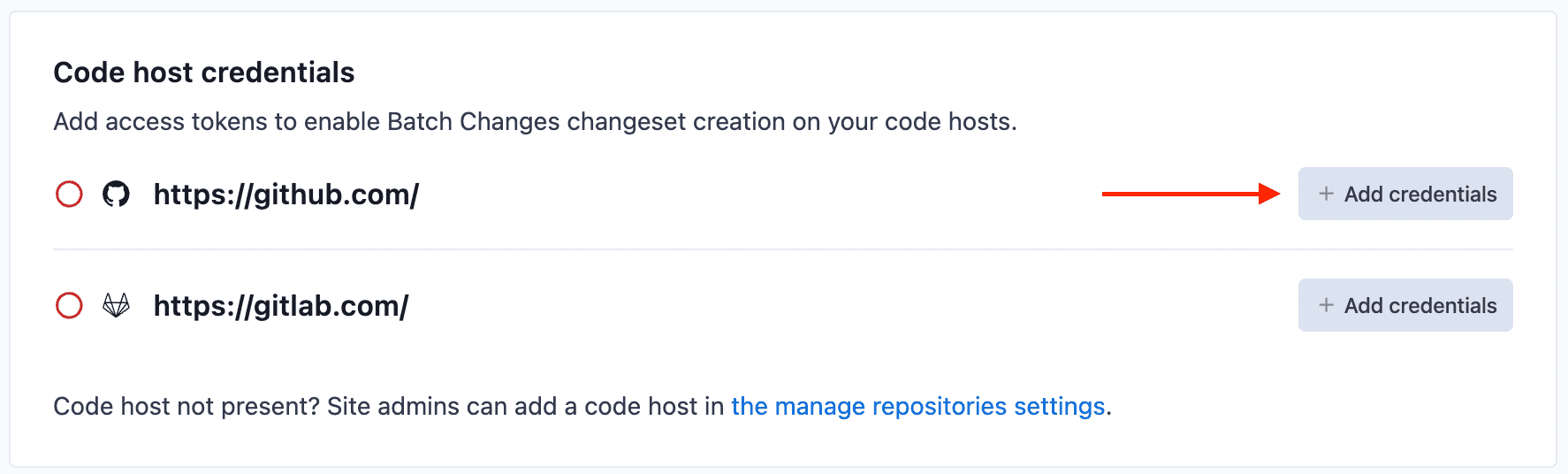 List of code hosts with an arrow pointing to add credential