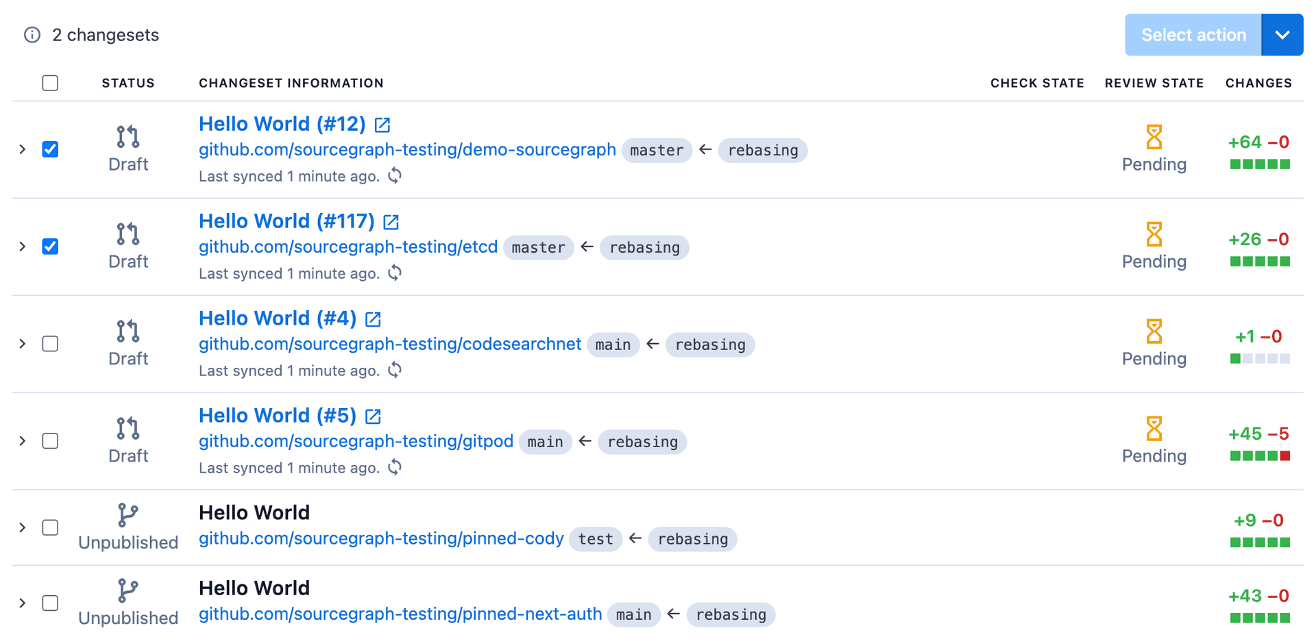 List of changesets with two of them selected