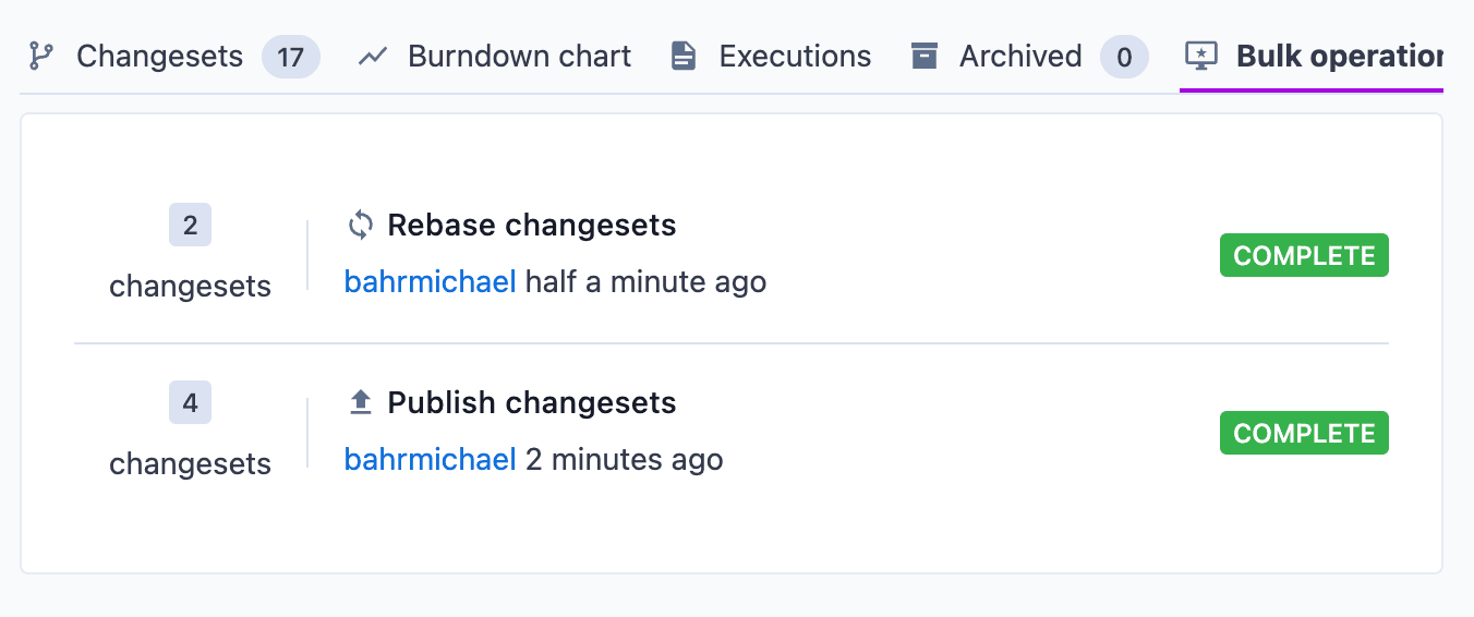 List of bulk operations showing that rebase has completed