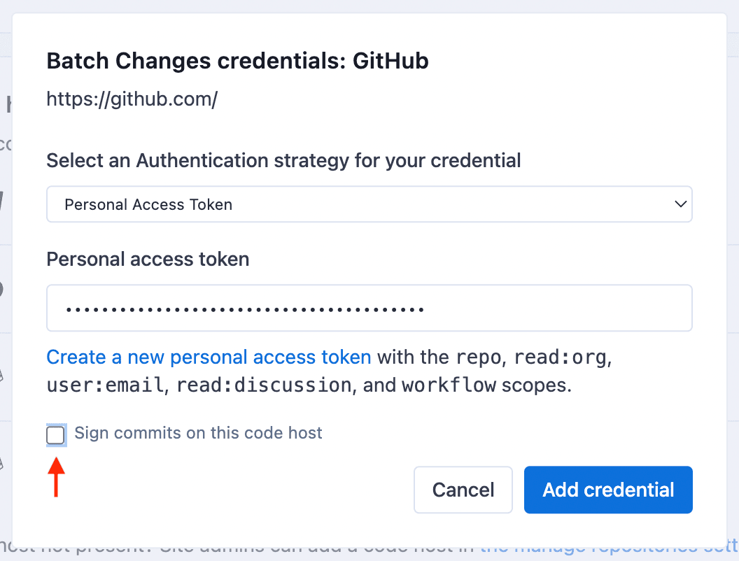 The modal for adding a credential with an arrow pointing to the checkbox for commit signing