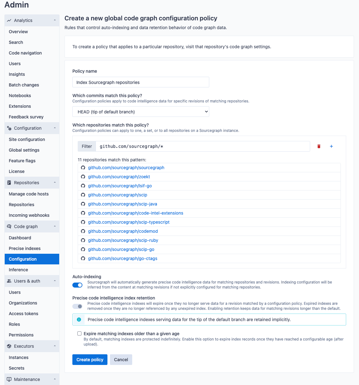 Global auto-indexing policy with repository patterns configuration edit page