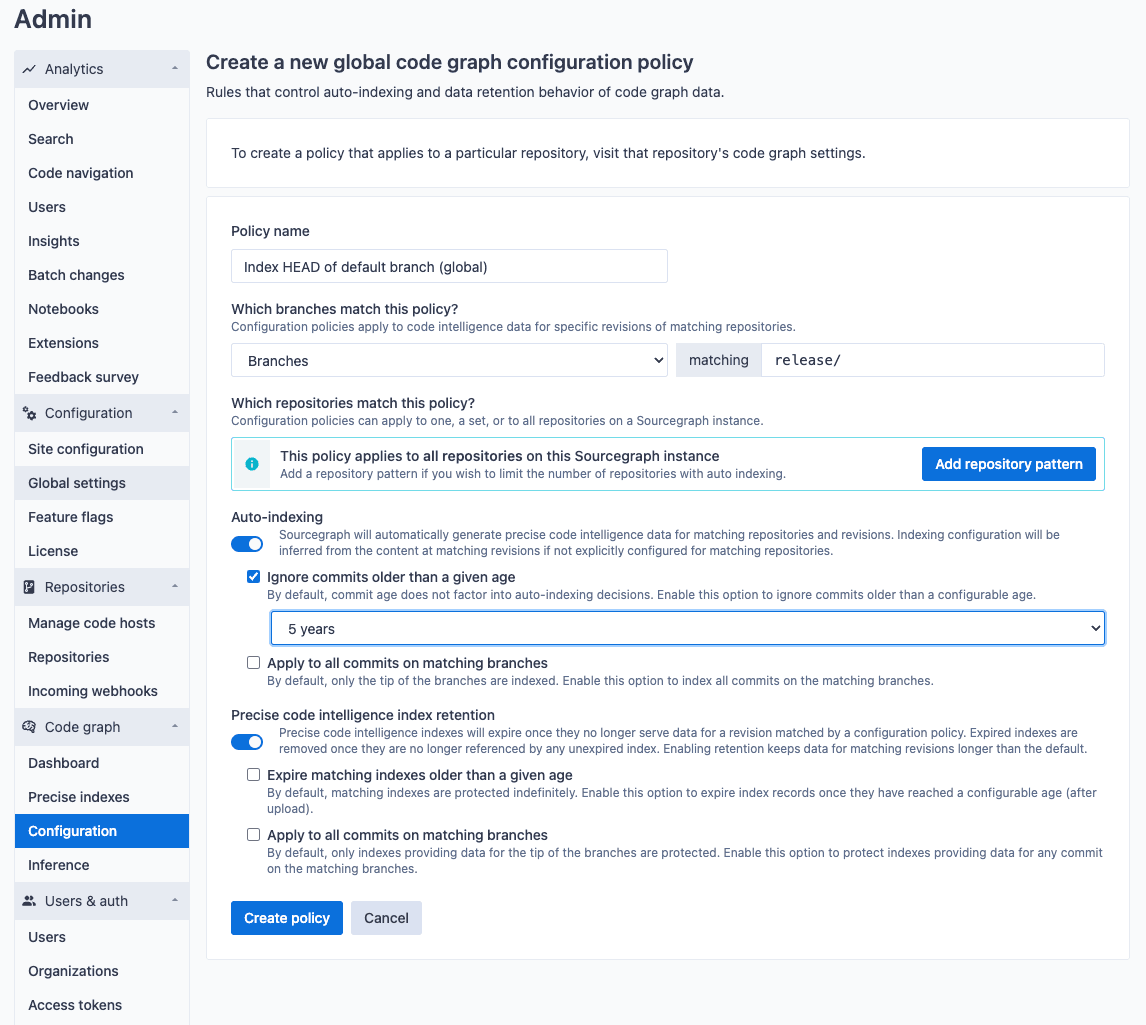 Global auto-indexing policy configuration edit page