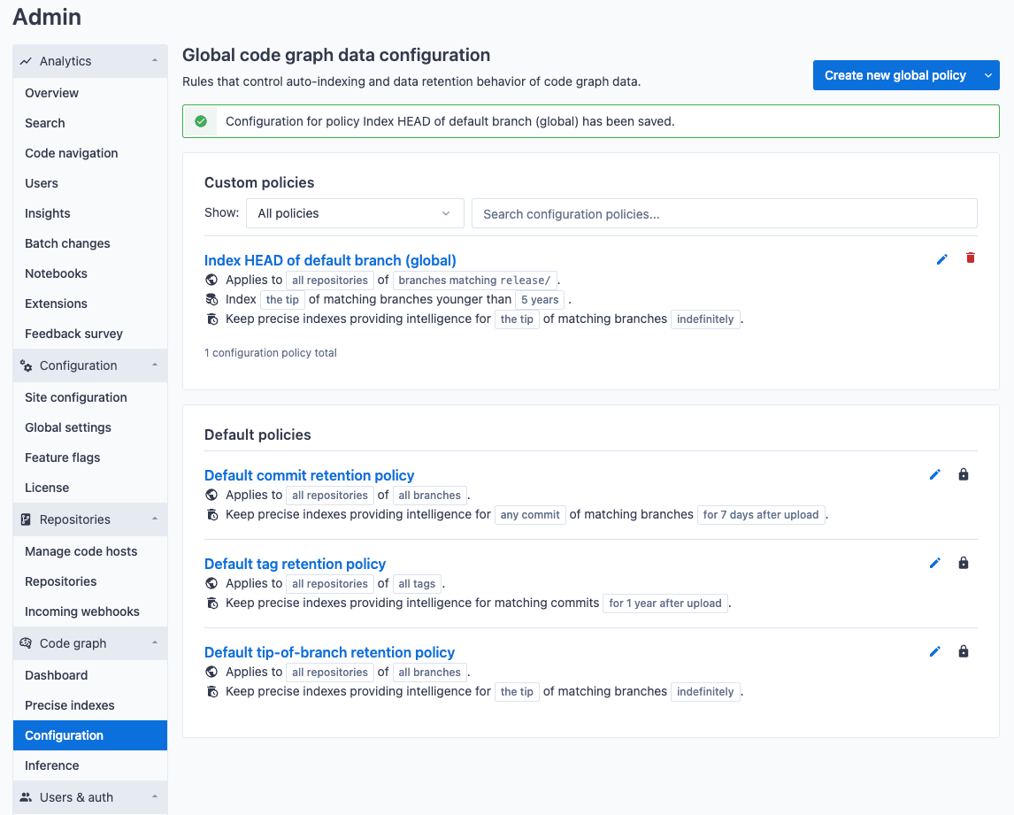 Global auto-indexing policy configuration created confirmation